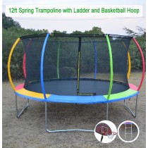 12ft Rainbow Colorful Trampoline & Enclosure Ladder Basketball Hoop Complete Set