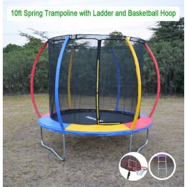 10ft Rainbow Trampoline & Enclosure Ladder Basketball Hoop Set