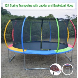 12ft Rainbow Colorful Trampoline & Enclosure Ladder Basketball Hoop Complete Set