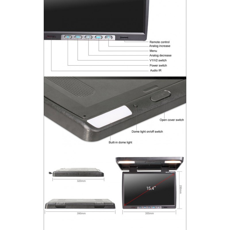 15.4 inch Flip Down Roof Monitor with Dome Light Infrared